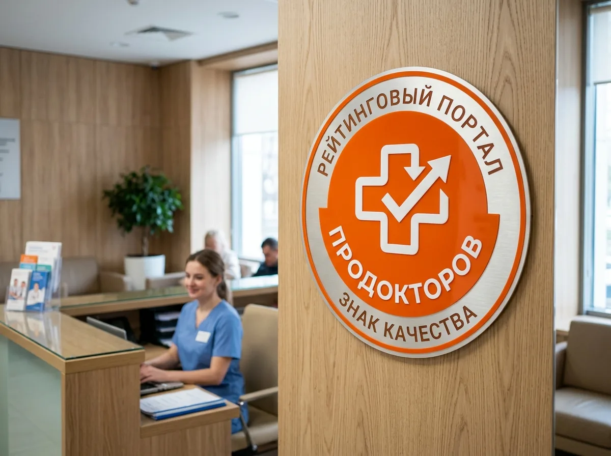 Логотип сервиса ПроДокторов — оранжево-белый знак качества медицинского рейтингового портала