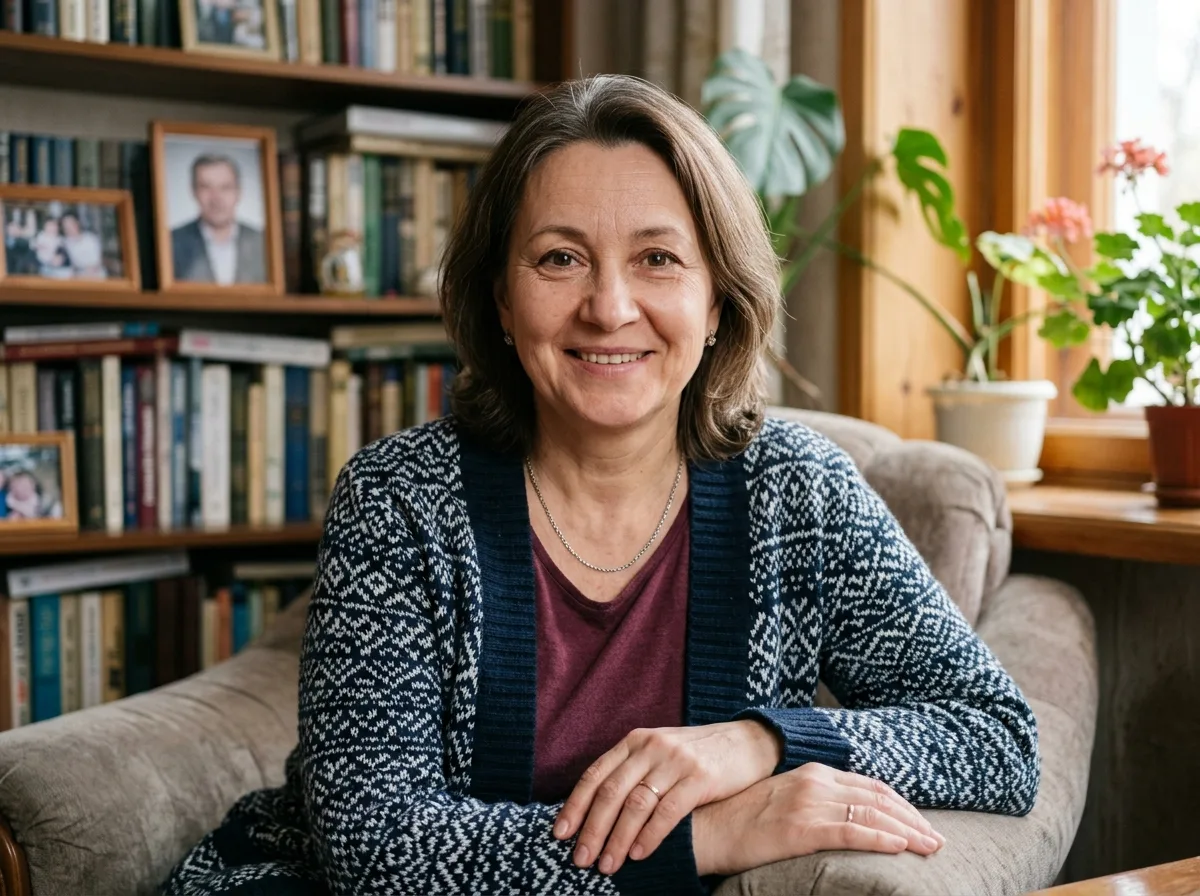 Портрет женщины около 50 лет, добрый взгляд, домашний фон — аватар для отзыва о наркологической помощи родственнику в Екатеринбурге